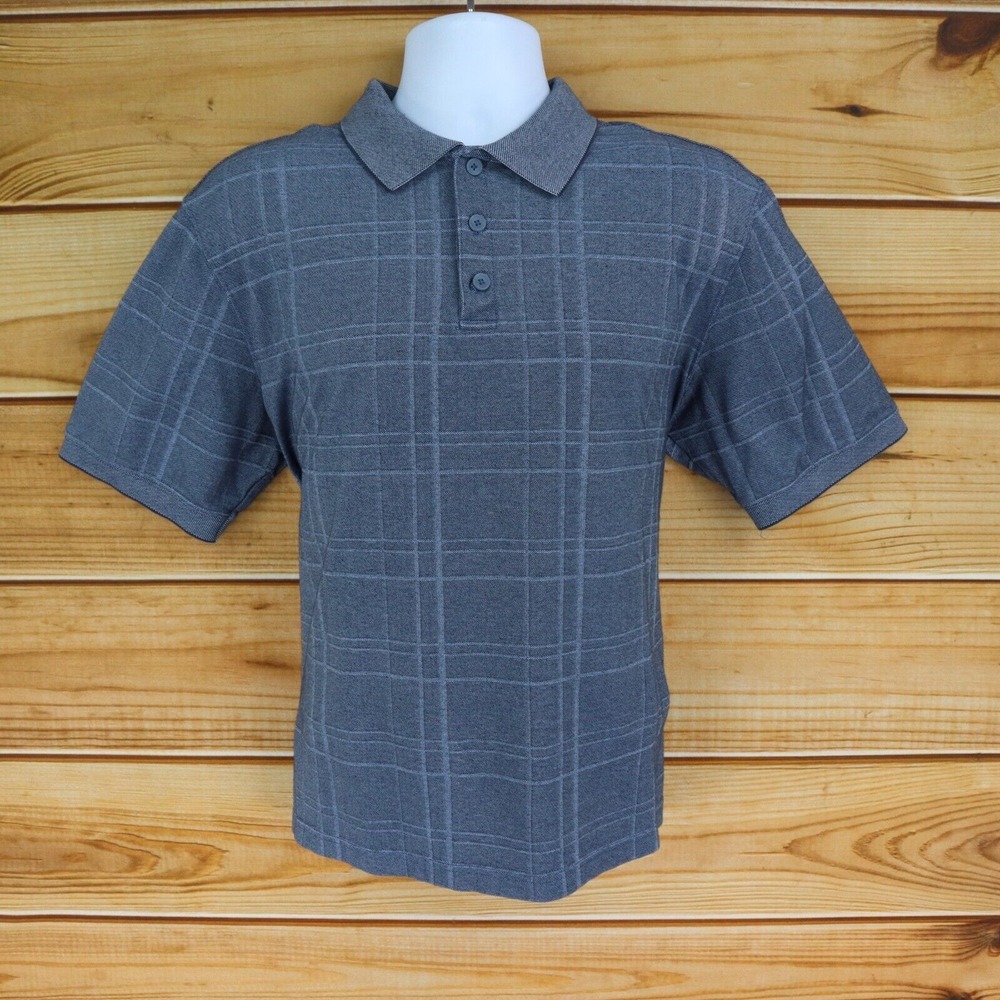 Haggar Polo Shirt Men Size L Blue Plaid Stretch Cotton Blend Short Sleeve Collar